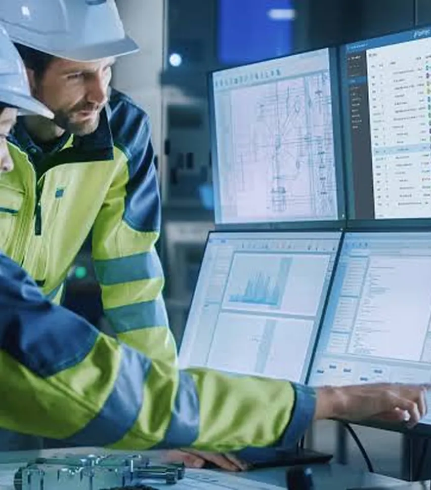 Engineers reviewing project plans on monitors